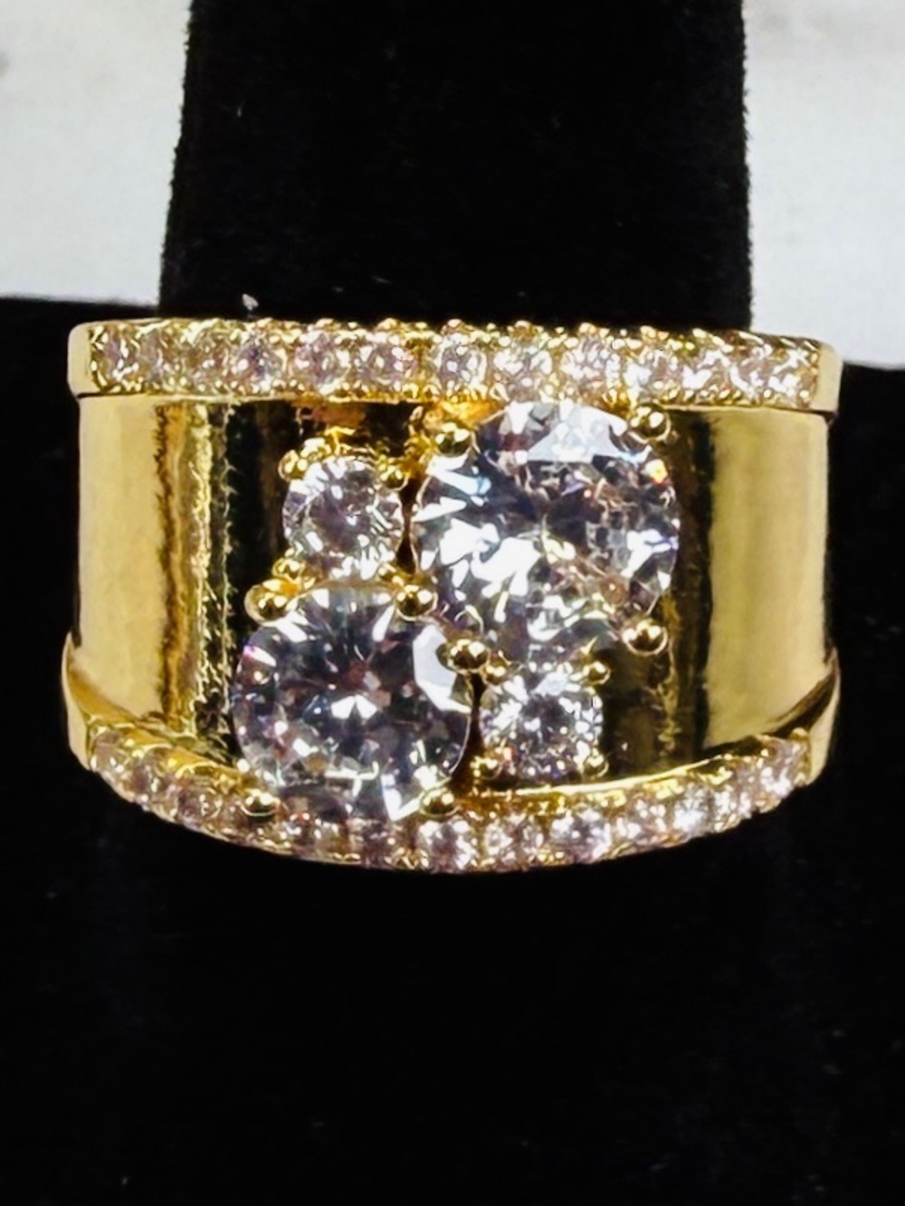 Gold Tone Wide CZ Cocktail Ring Size 6 Statement Band